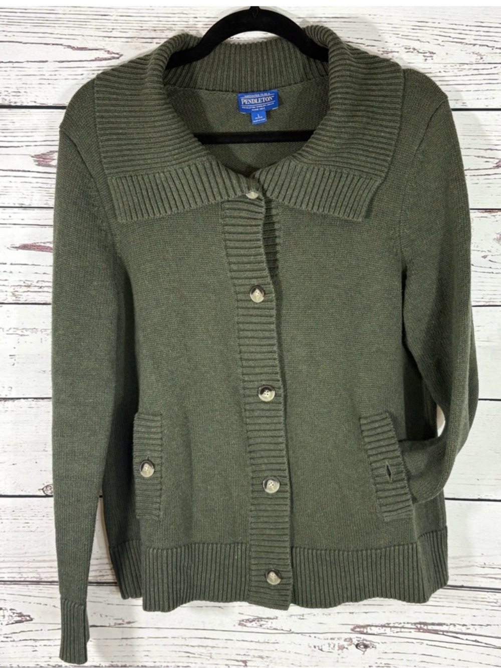 Pendleton Olive Button-Front Ribbed Collar Cardigan